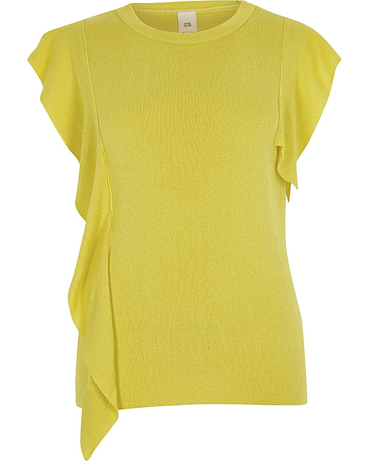 Bright yellow frill front knitted top
