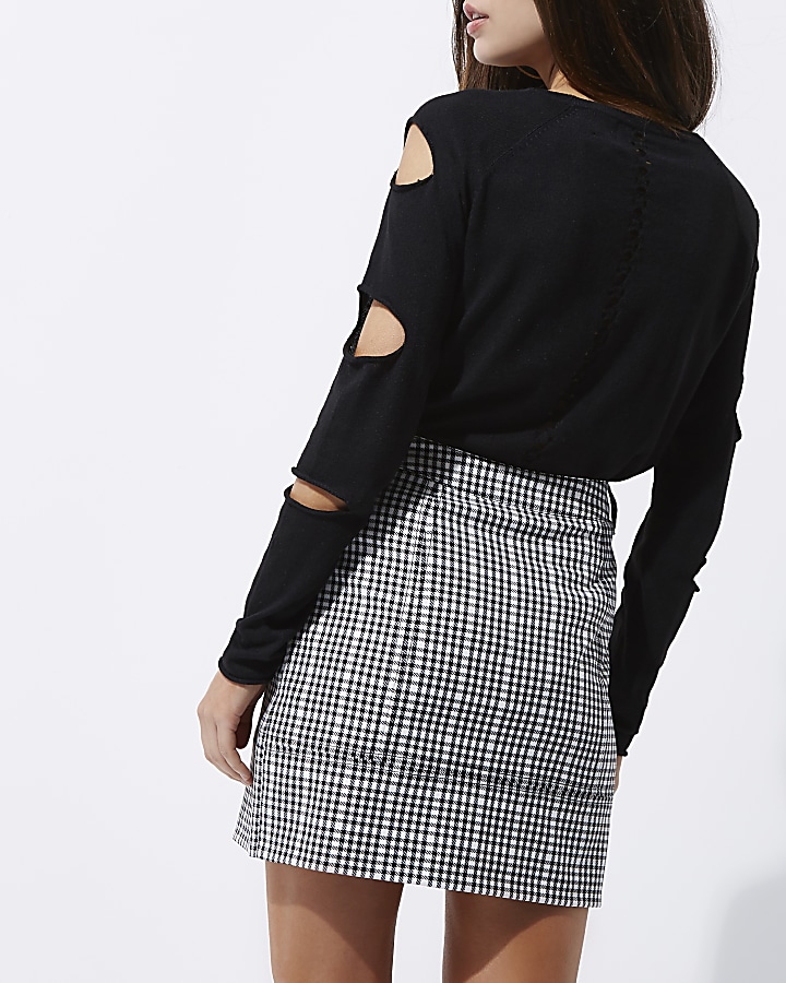 Black check zip front mini skirt