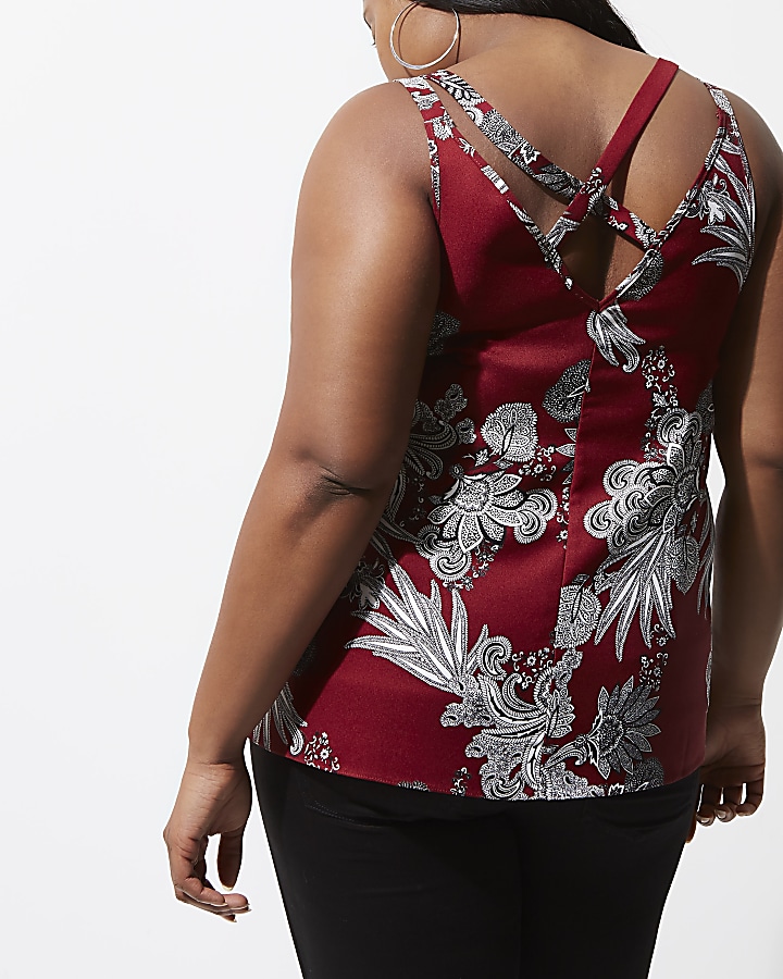 Plus red floral cross back cami top