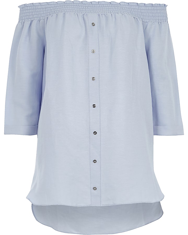 Light blue shirred bardot shirt