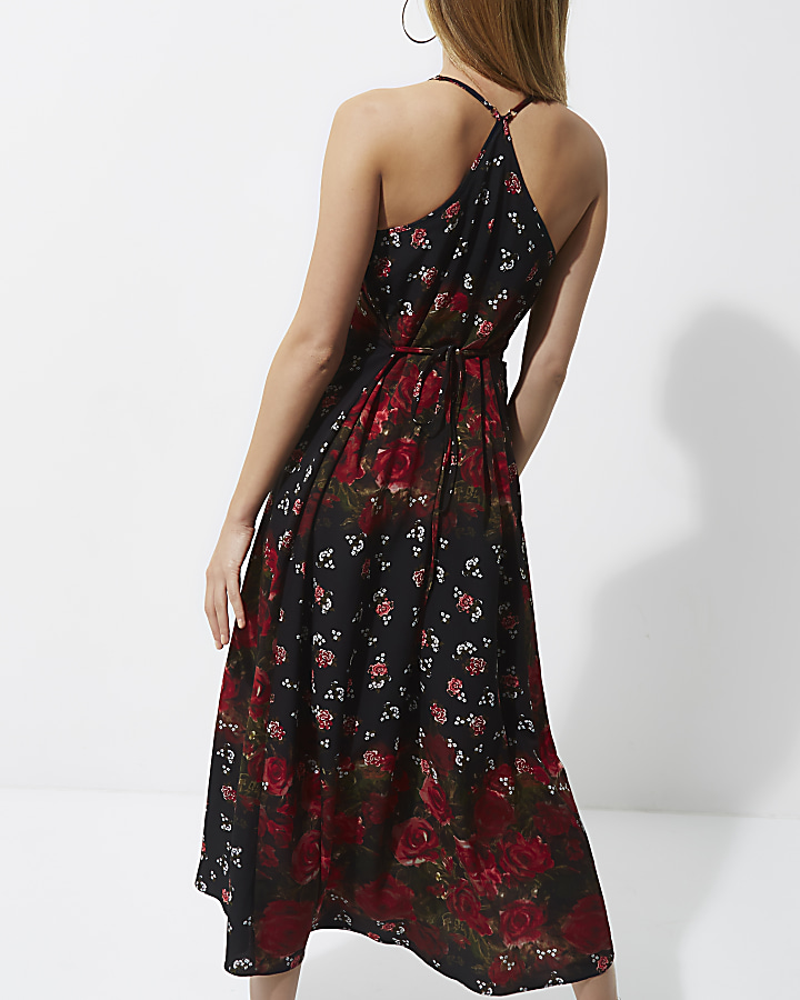 Black rose print maxi slip dress