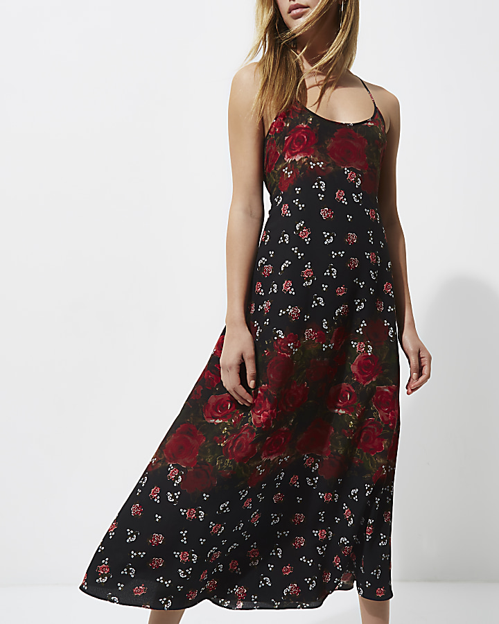 Black rose print maxi slip dress