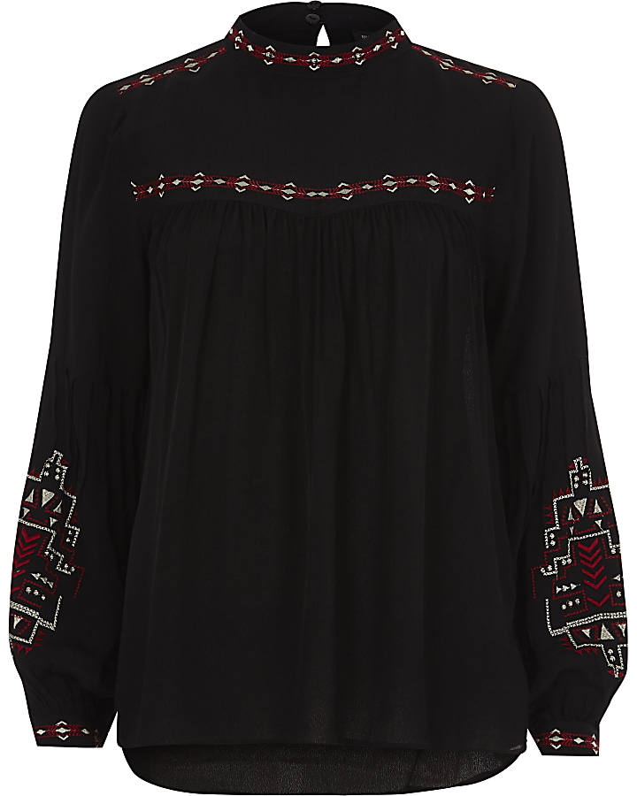 Black embroidered high neck studded top