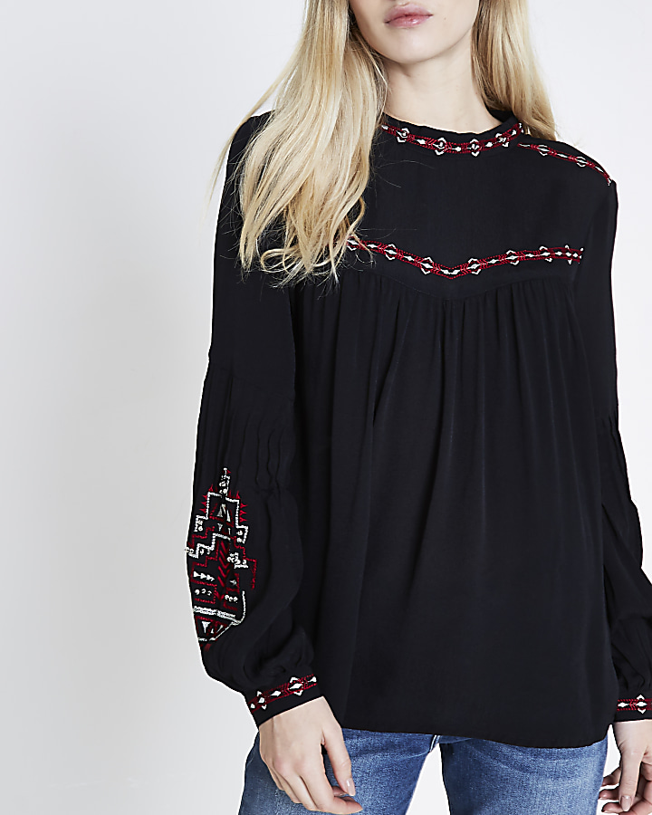 Black embroidered high neck studded top