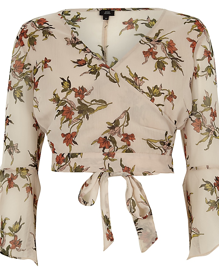 Cream floral print wrap frill sleeve crop top