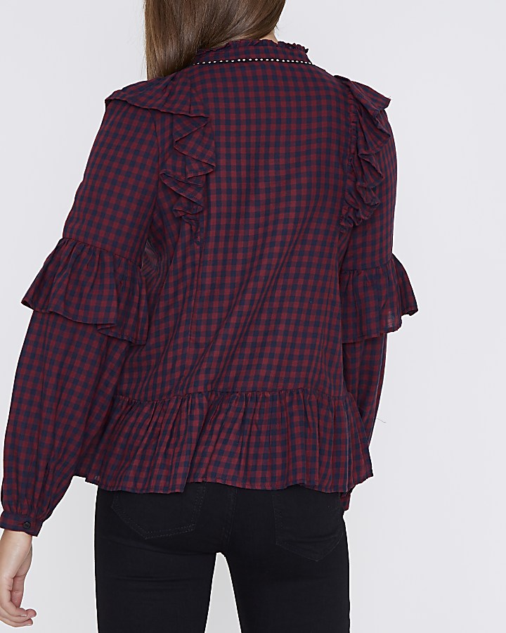 Burgundy check frill front tie neck top
