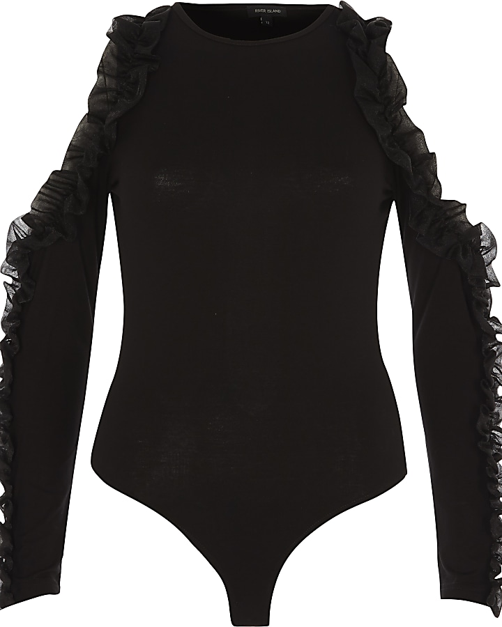 Black chiffon ruffle cold shoulder bodysuit