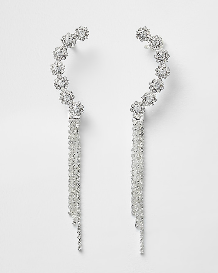 Silver tone diamante dangle cuff earrings
