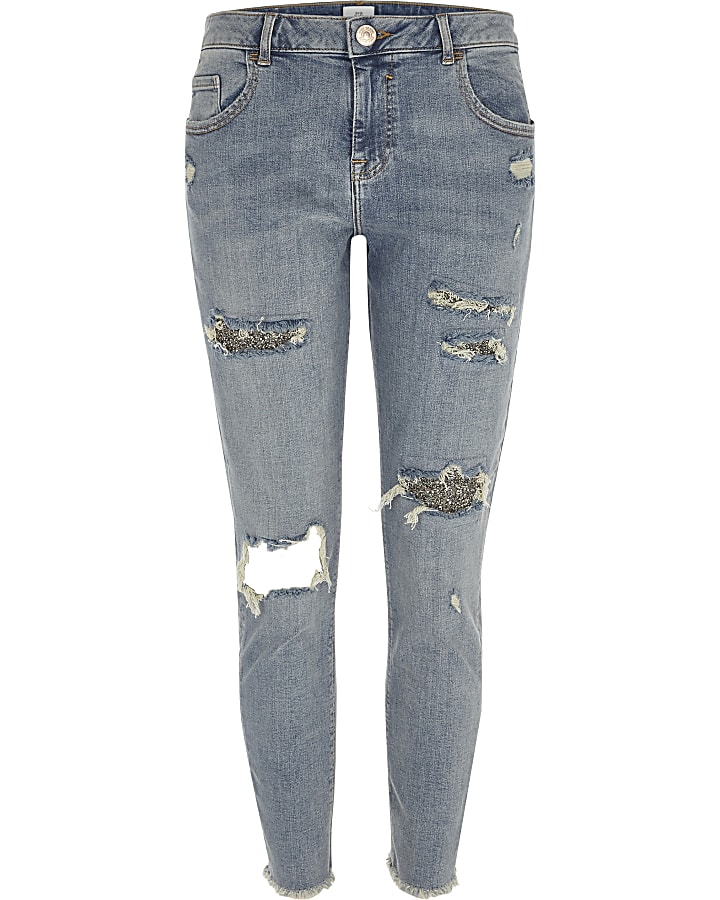 Blue Alannah glitter rip relaxed skinny jeans