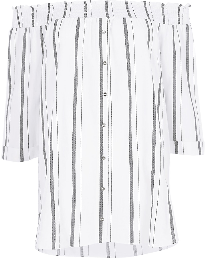 Grey stripe shirred bardot shirt