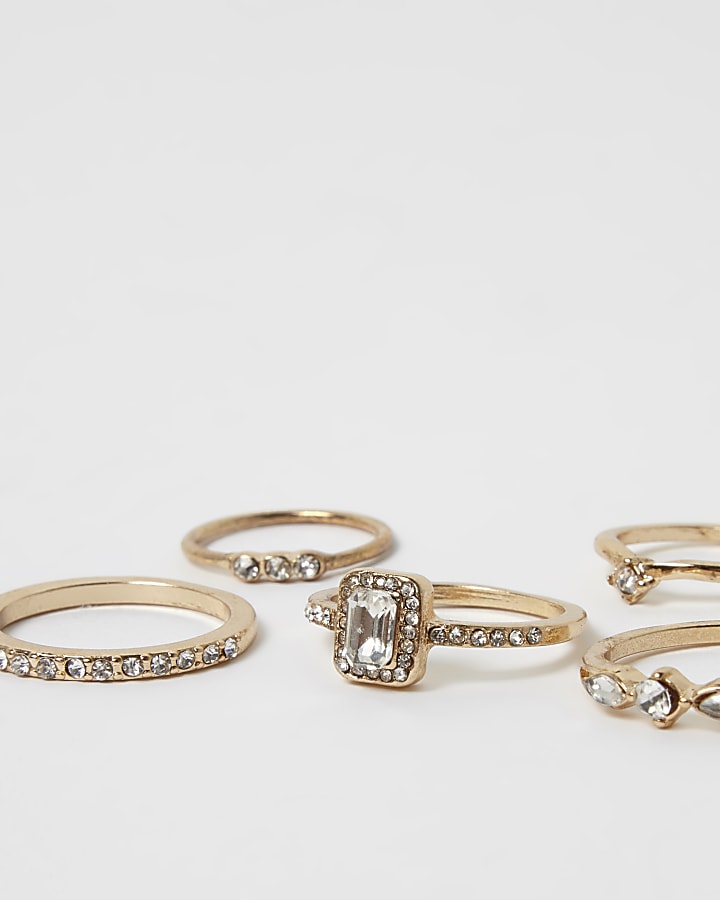 Gold tone diamante ring set