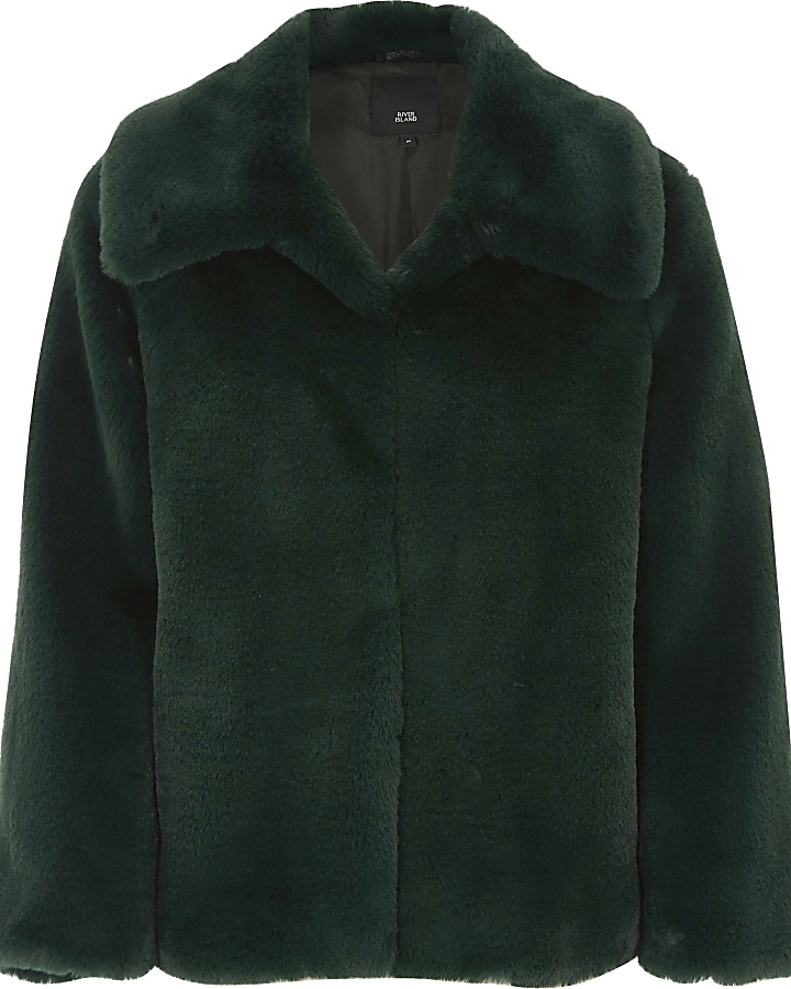 Green faux fur puffball coat