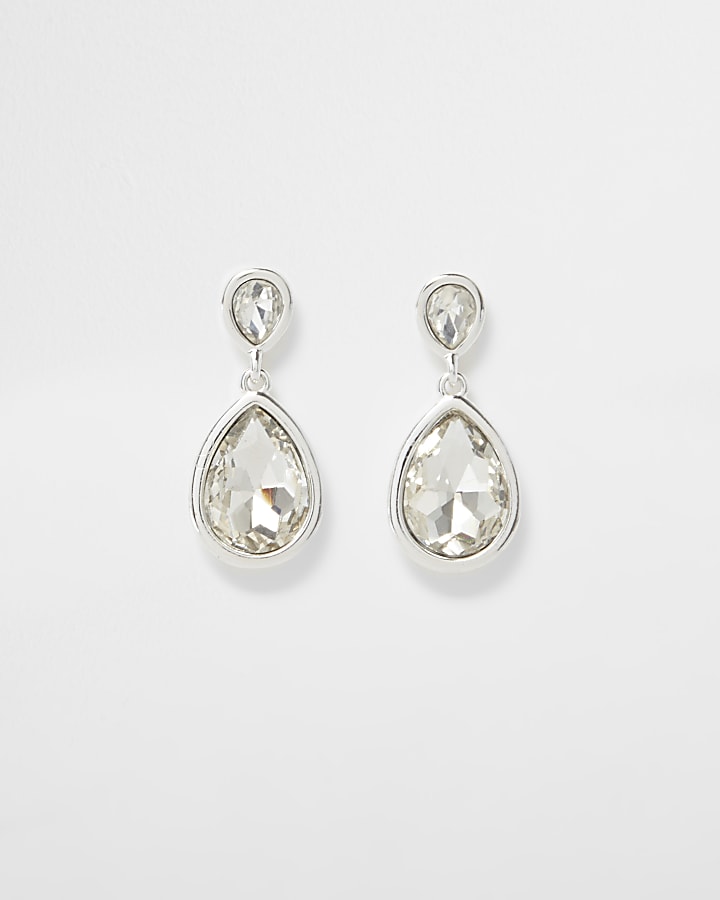 Silver tone teardrop diamante dangle earrings