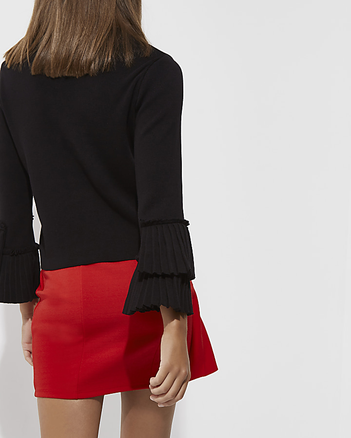 Red asymmetric frill front mini skirt