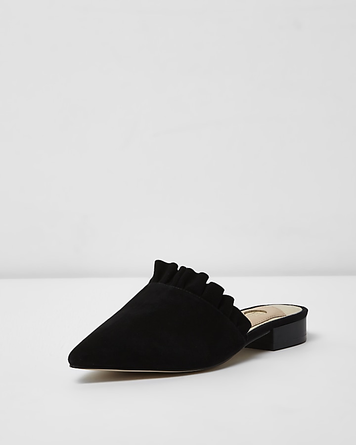 Black frill suede backless loafers