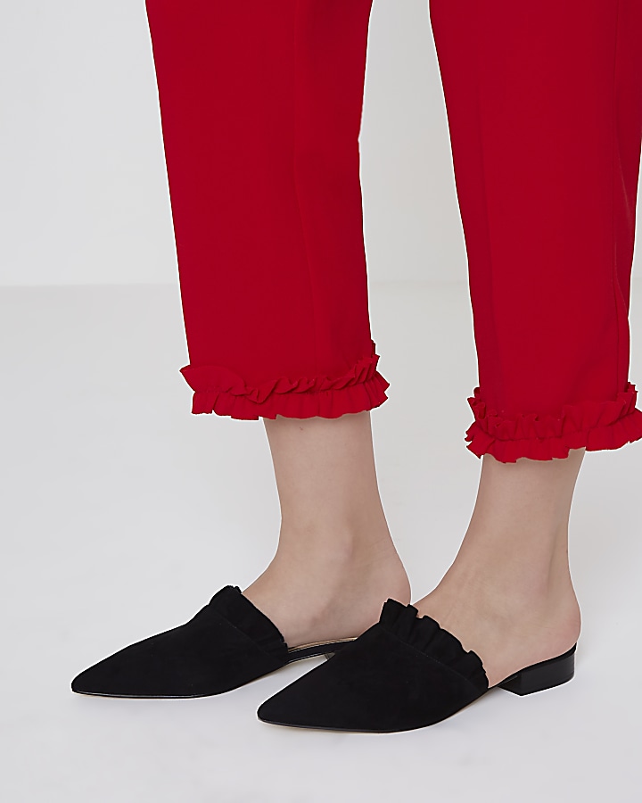 Black frill suede backless loafers