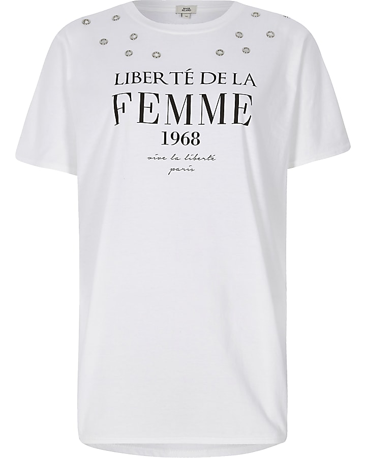 White ‘femme’ eyelet T-shirt