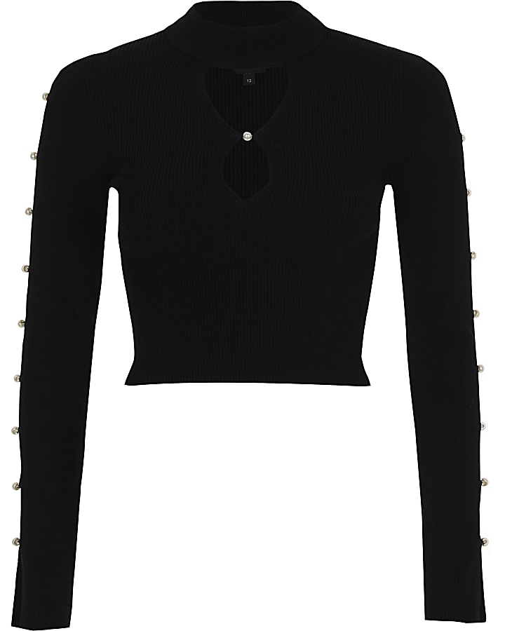 Black faux pearl cut out long sleeve knit top