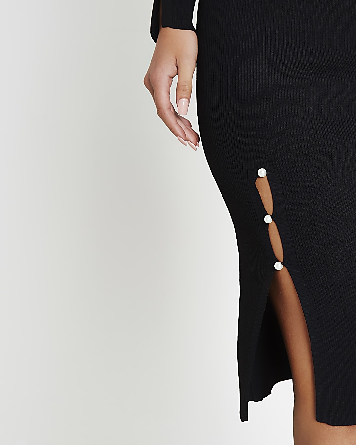 Black faux pearl split knitted pencil skirt