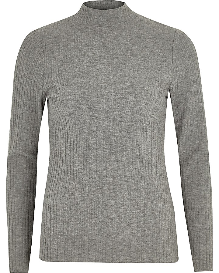Grey brushed rib high neck fitted top