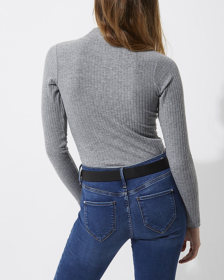 Grey brushed rib high neck fitted top