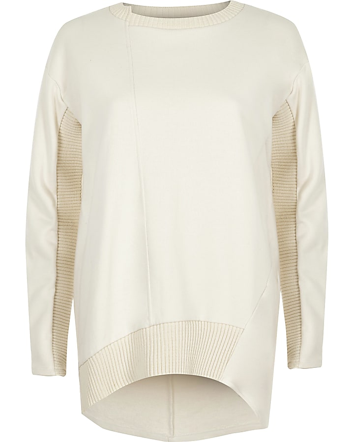 Cream long sleeve ribbed detail sweatshirt
