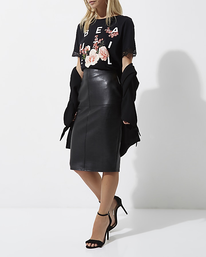 Petite black faux leather bodycon midi skirt