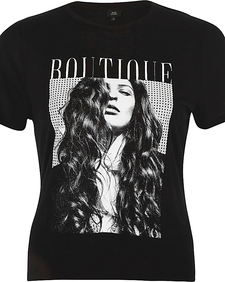 Petite black 'boutique' photo print T-shirt