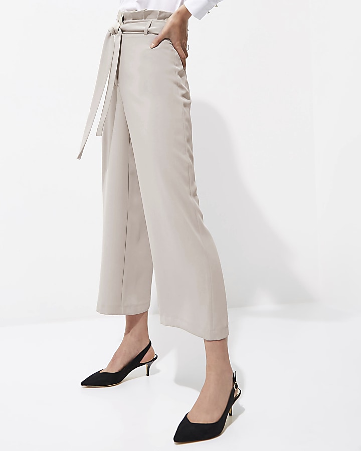 Grey pleated trim belted culottes