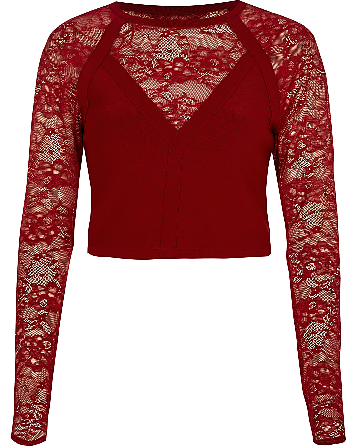 Red lace long sleeve crop top