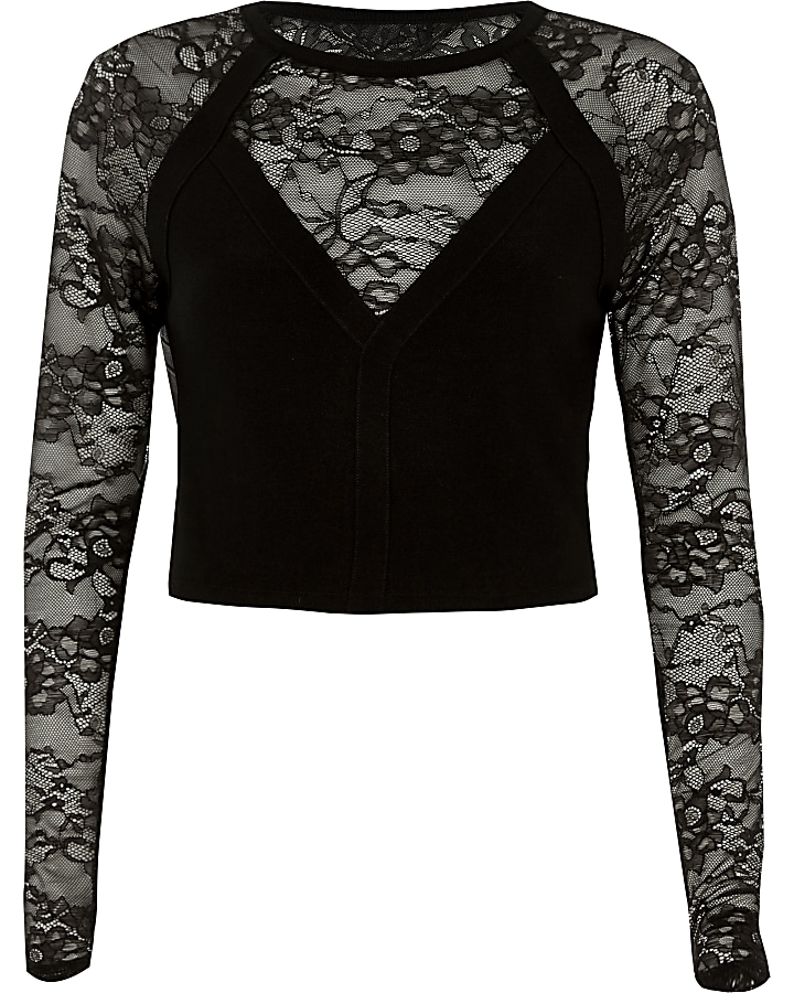 Black lace insert long sleeve fitted top