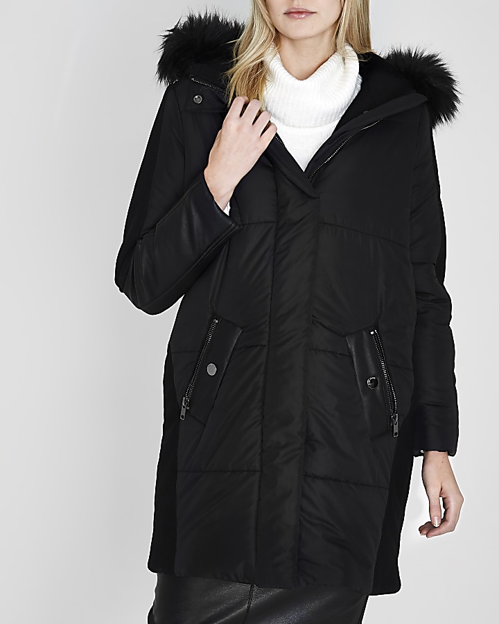 Black faux fur trim longline puffer jacket