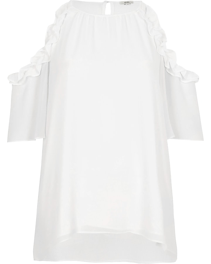 White frill cold shoulder blouse