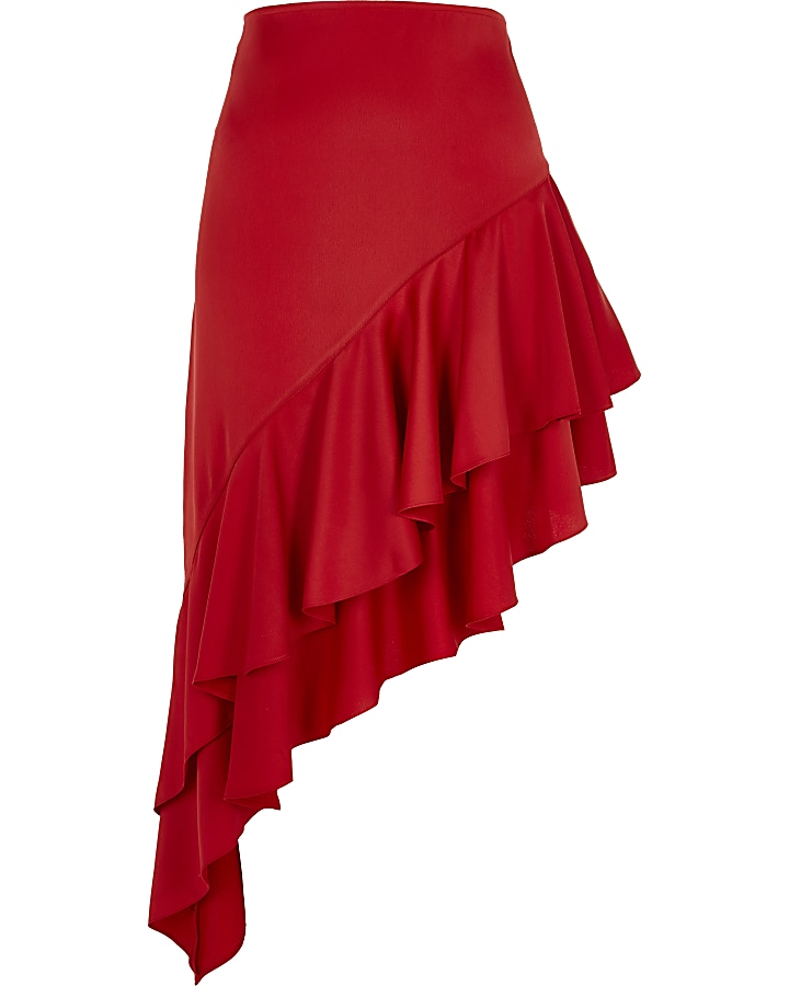 Red asymmetric frill hem skirt