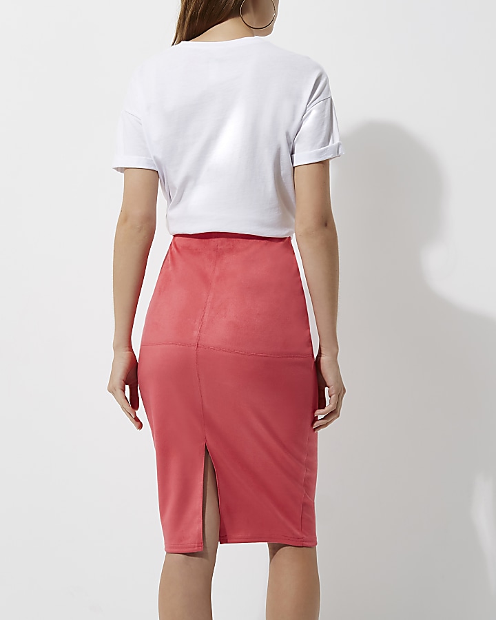 Bright pink faux suede pencil skirt