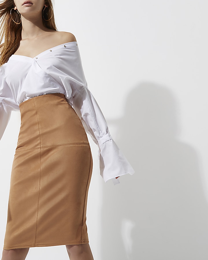 Tan brown faux suede pencil skirt
