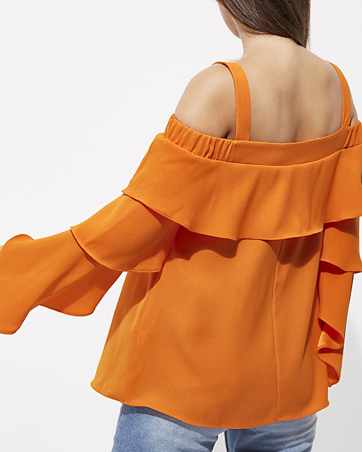 Orange frill sleeve bardot top