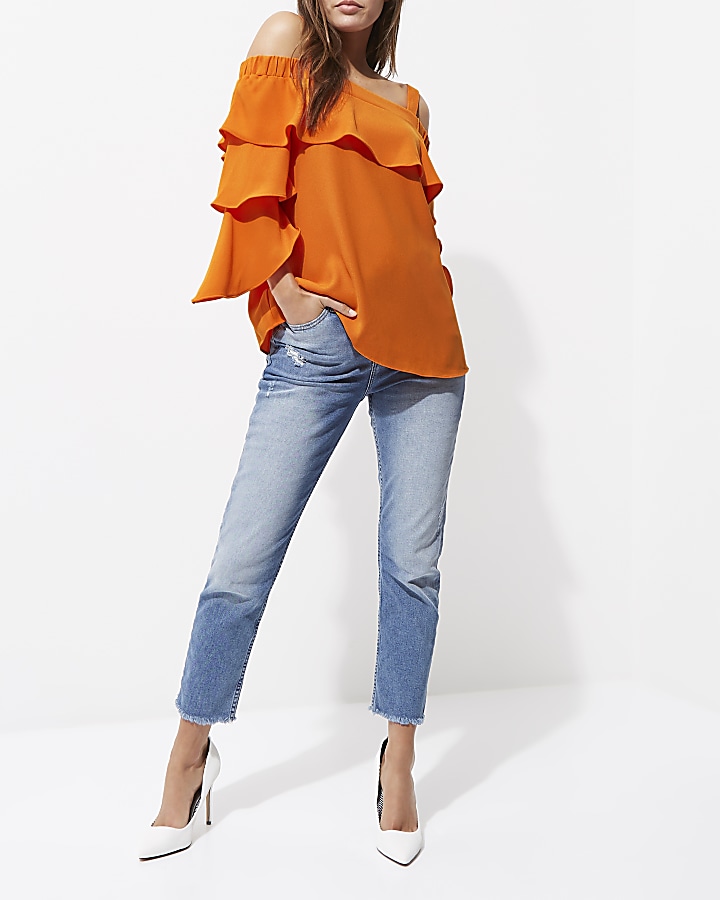 Orange frill sleeve bardot top