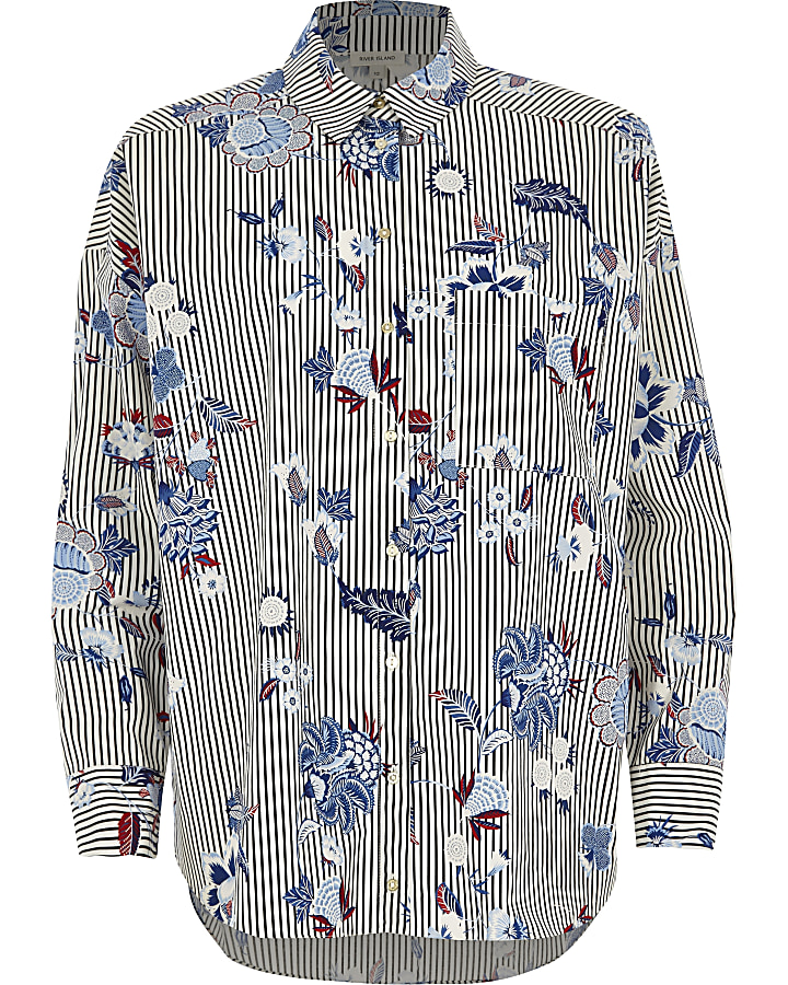 Blue floral stripe print oversized shirt