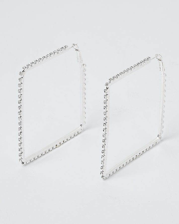 Silver tone cup chain square hoop earrings