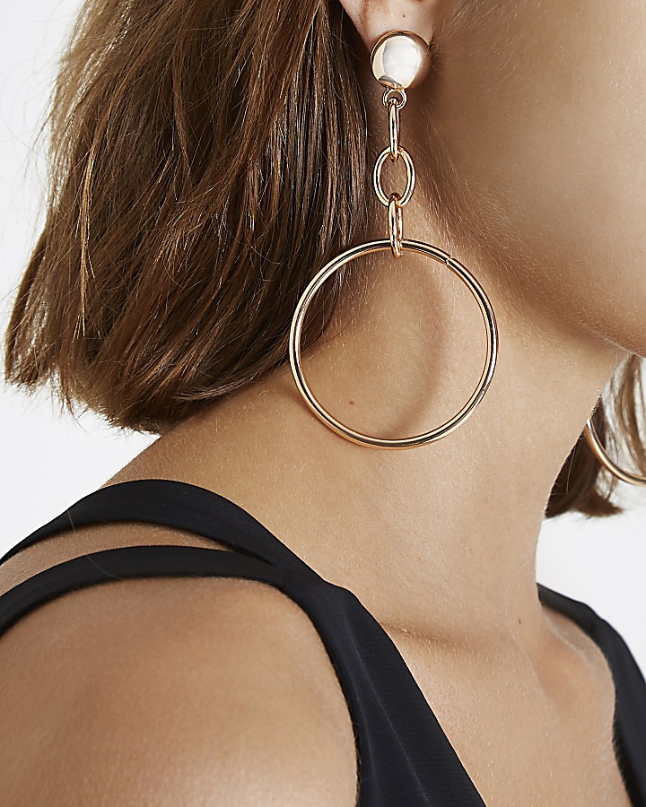 Gold tone chain hoop drop earrings