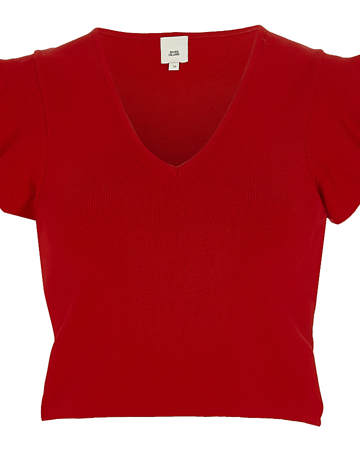 Red V neck frill sleeve knit crop top