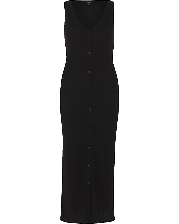 Black sleevless ribbed button-up maxi dress