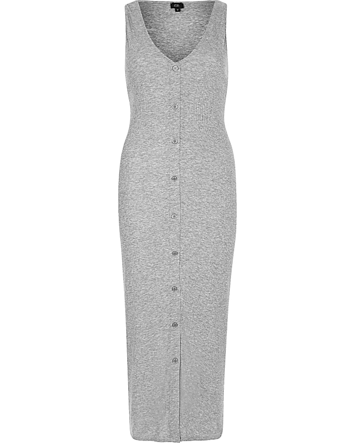 Grey sleeveless ribbed button-up maxi dress