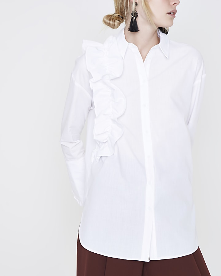 White frill front long sleeve shirt