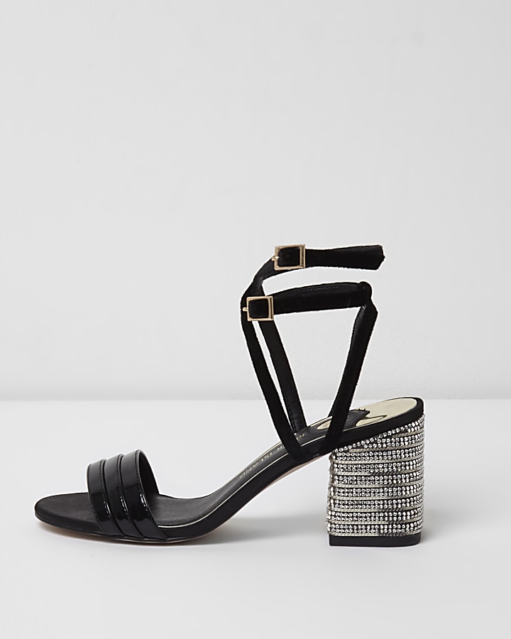 Black strappy diamante block heel sandals