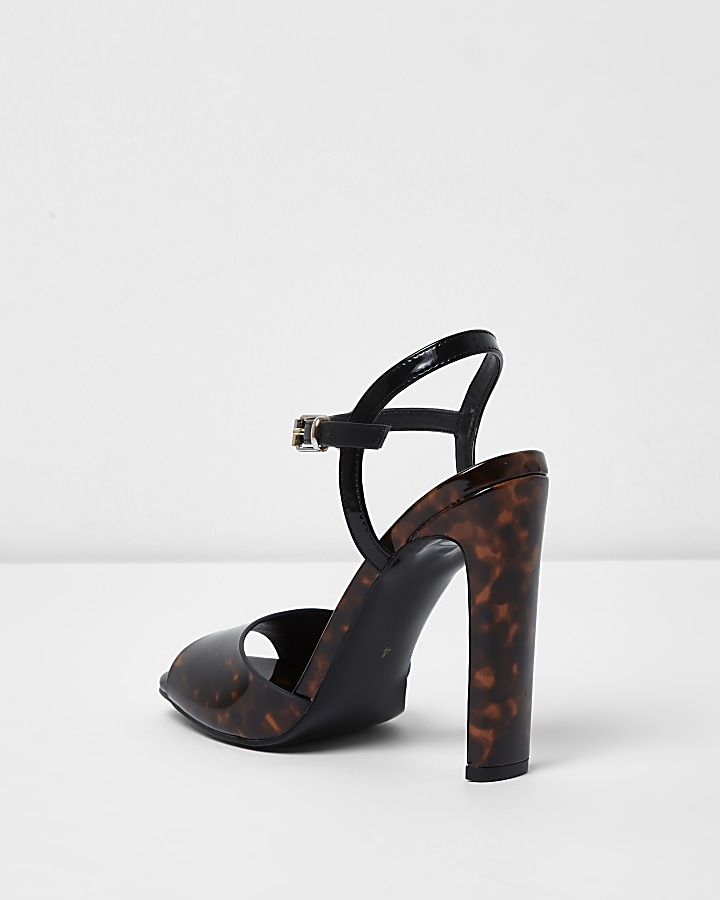 Brown tortoiseshell peep toe heeled sandals