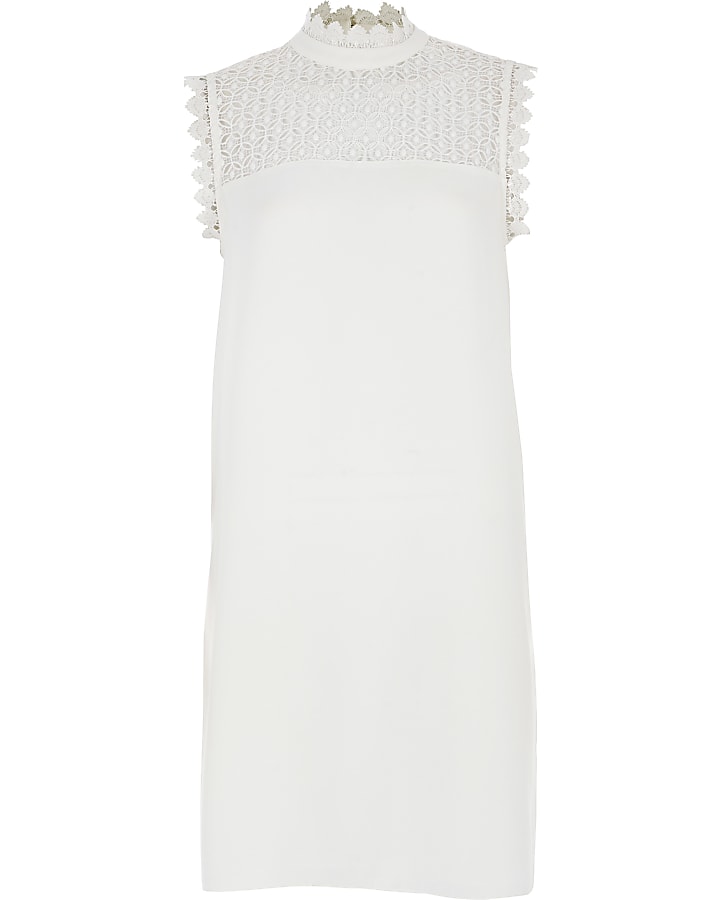White lace sleeveless high neck swing dress