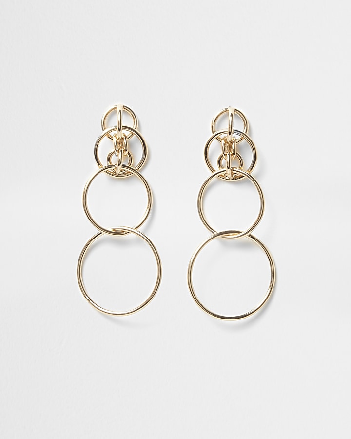 Gold tone interlink hoop drop earrings
