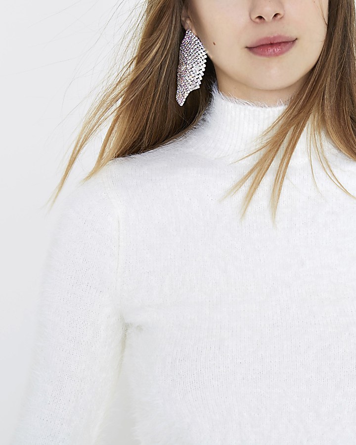 White fluffy knit high neck jumper
